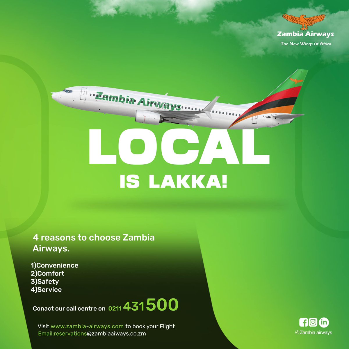 zambia_airways's tweet photo. Local is Lakka!!!
We are locally flying to Ndola,Solwezi,Livingstone and ofcourse into Lusaka from the 3 destinations. Book your flight today.
📷0211 431 500
📷 reservations@zambiaairways.co.zm
#FlyZambiaAirways #TheNewWingsOfAfrica #ZambiaAirways https://t.co/hzfFeWHcfM