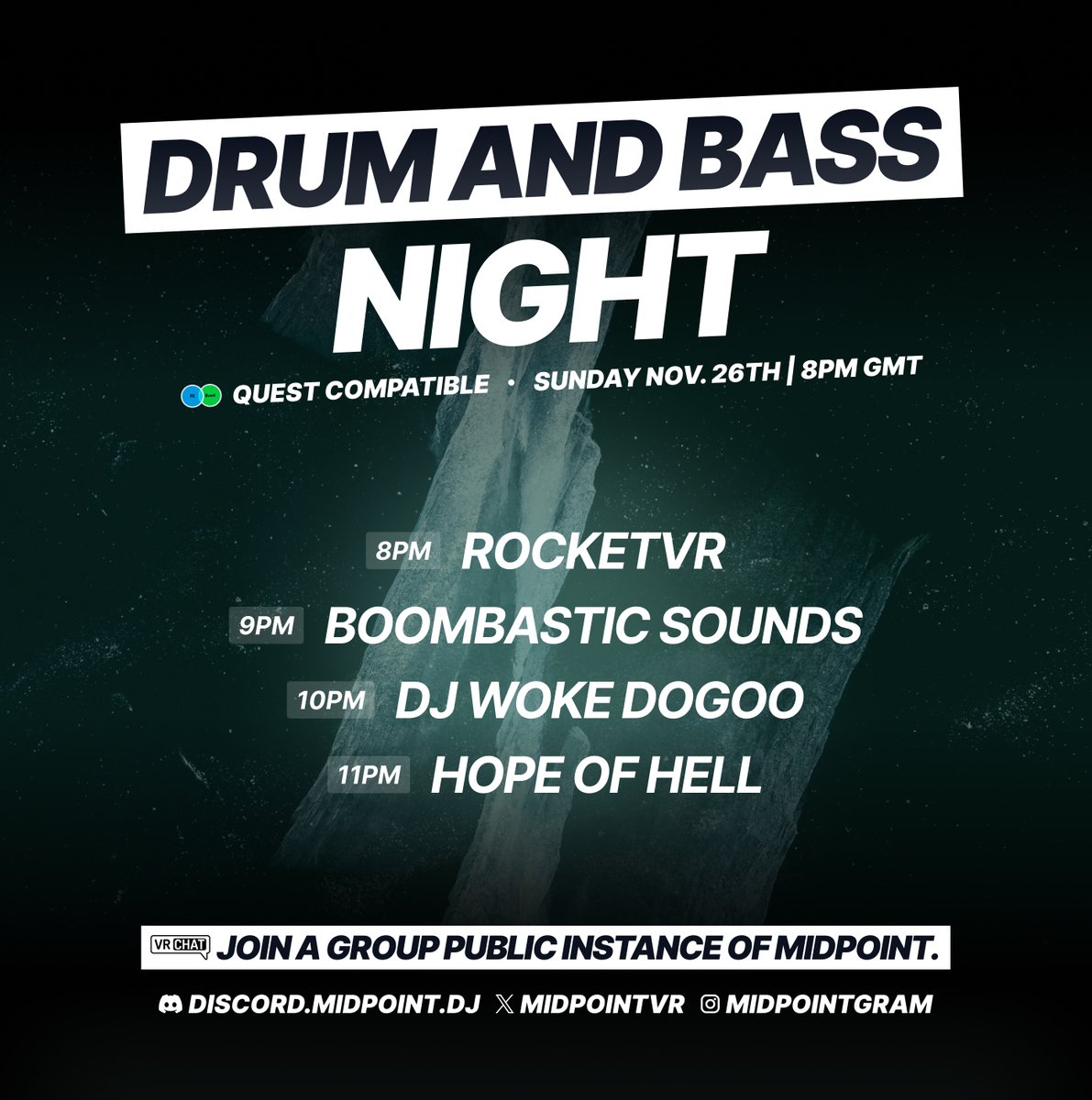 MidPointVR's tweet photo. This Sunday at the #MidPoint venue in #VRChat.
#QuestCompatible and optimized.
Starting time in different timezones:
9PM CET
3PM EST
5AM JST
https://t.co/RDJWRn6cjy
Avatars rated as Very Poor are not permitted.
#vrchatevents #VRDJ #DnB #drumandbass #VRC https://t.co/wL0R1ZIte3