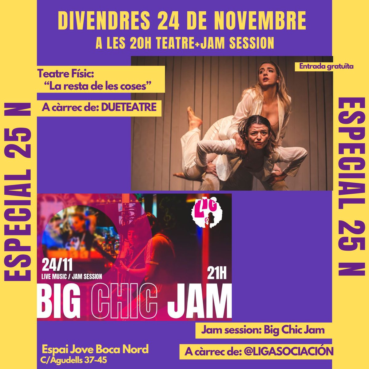 I després del teatre, BIG CHIC JAM!  
Si ets artista que ve a tocar apunta’t al link i digues quins instruments toques.

acortar.link/sijmCW