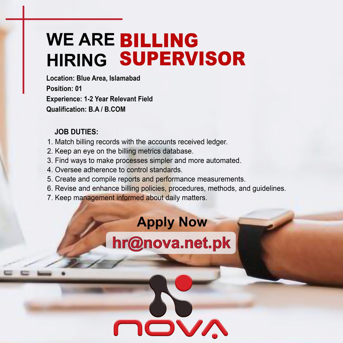 NovacomPK's tweet photo. A Reputed Telecommunication Company Required Billing Supervisor for Islamabad Region.
#NovaCommunications #IslamabadJobs #BillingJob #BillingSupervisorJob #BillingJobInIslamabad https://t.co/XxJmuPa4pp