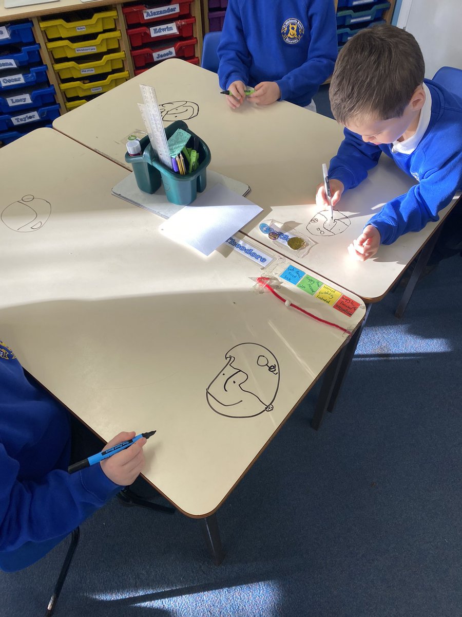 MissWildmanStM's tweet photo. Celebrating #nationalillustrationday by drawing our own versions of the boy and the alien from @OliverJeffers The Way Back Home. @StMSchStewkley https://t.co/uRk6UBj2Pi
