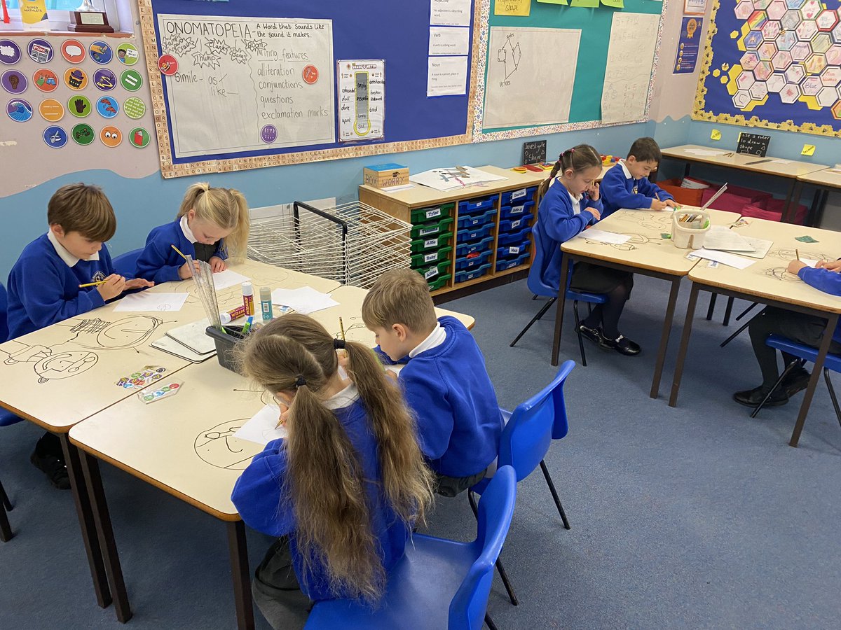MissWildmanStM's tweet photo. Celebrating #nationalillustrationday by drawing our own versions of the boy and the alien from @OliverJeffers The Way Back Home. @StMSchStewkley https://t.co/uRk6UBj2Pi