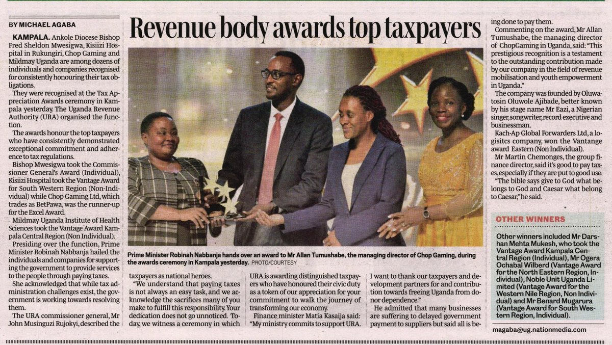 URAuganda's tweet photo. 🗞️
Meet the crème de la crème of Uganda's taxpayers honored at yesterday's Taxpayer Appreciation Day, as reported by the @DailyMonitor 's Michael Agaba.

Dive right in!
#TPAD23 
#TPAS23 
#MediaScans https://t.co/73MwOIUH1R