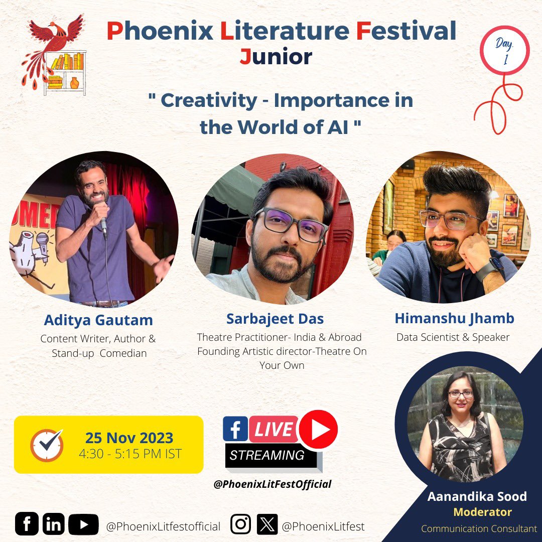 PhoenixLitfest's tweet photo. The 6th Edition of Phoenix Literature Festival Junior

D1S3: Creativity - Importance in the world of AI

Panelists: AdityaGautam, Sarbajeet Das and Himanshu Jhamb
Moderator: @aanandikasood 

#plftalks #plflitfestjunior #literaturefestival https://t.co/5zu58iy3kO