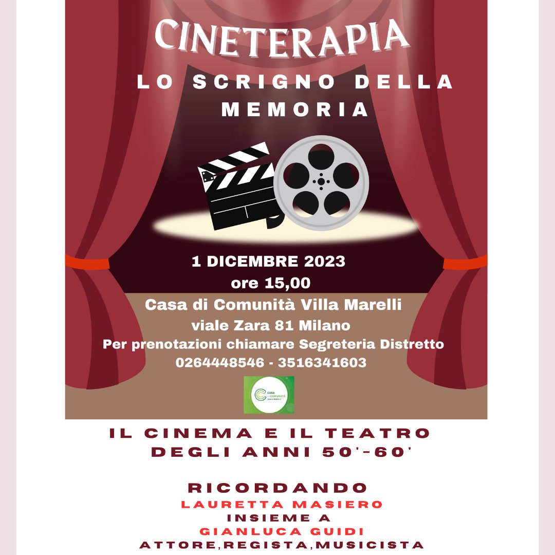 Lo spettacolo “Lo scrigno della Memoria” è un percorso di sostegno e socializzazione per gli #anziani che si terrà il 1 dicembre  alle ore 15.00 presso la #CasadiComunità di Villa Marelli in viale Zara 81 Milano.
#ospedaleniguarda #medicinemaitalia #cineterapia @ospniguarda