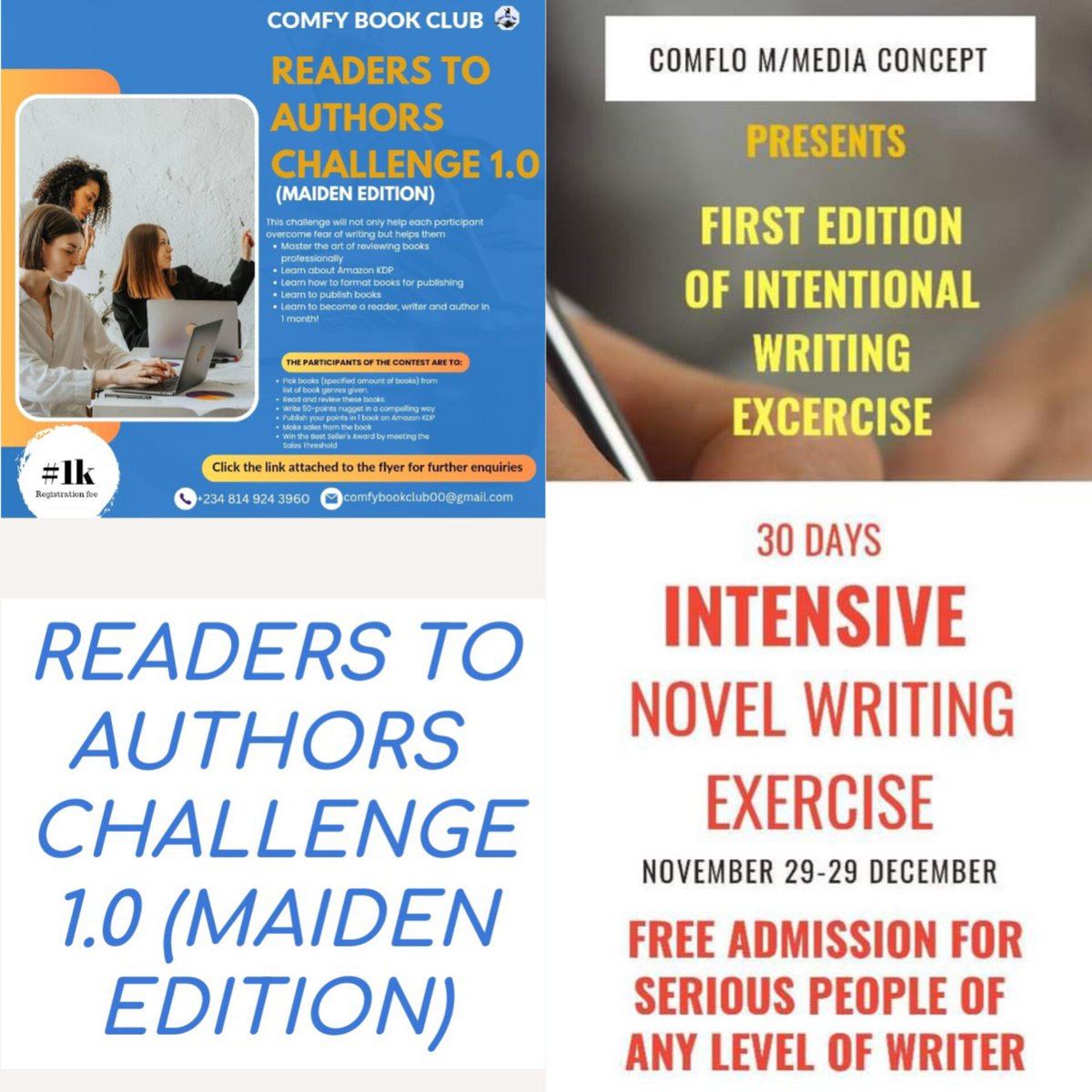 book_comfy's tweet photo. Last year, we hosted an intentional writing Challenge and it failed through but we're not giving up on you.
READERS TO AUTHORS CHALLENGE is another opportunity to try becoming that dream!🔥

3 DAYS TO GO
#cbcreaderstoauthors #comfybookclub #writingchallenge
Li ke. Comment. Share. https://t.co/r4RHWEfsIR