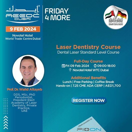 Register now for AEEDC Friday for More courses🥳
We have full-day, hands-on Laser Dentistry Course by: Prof. Dr. Walid Altayeb, DDS, MSc, PhD, Periodontist, President Elect of Academy of Laser Dentistry, Private Practice, UAE
#AEEDC
#dentalcare
#laserdentistry
#Pioondentallaser