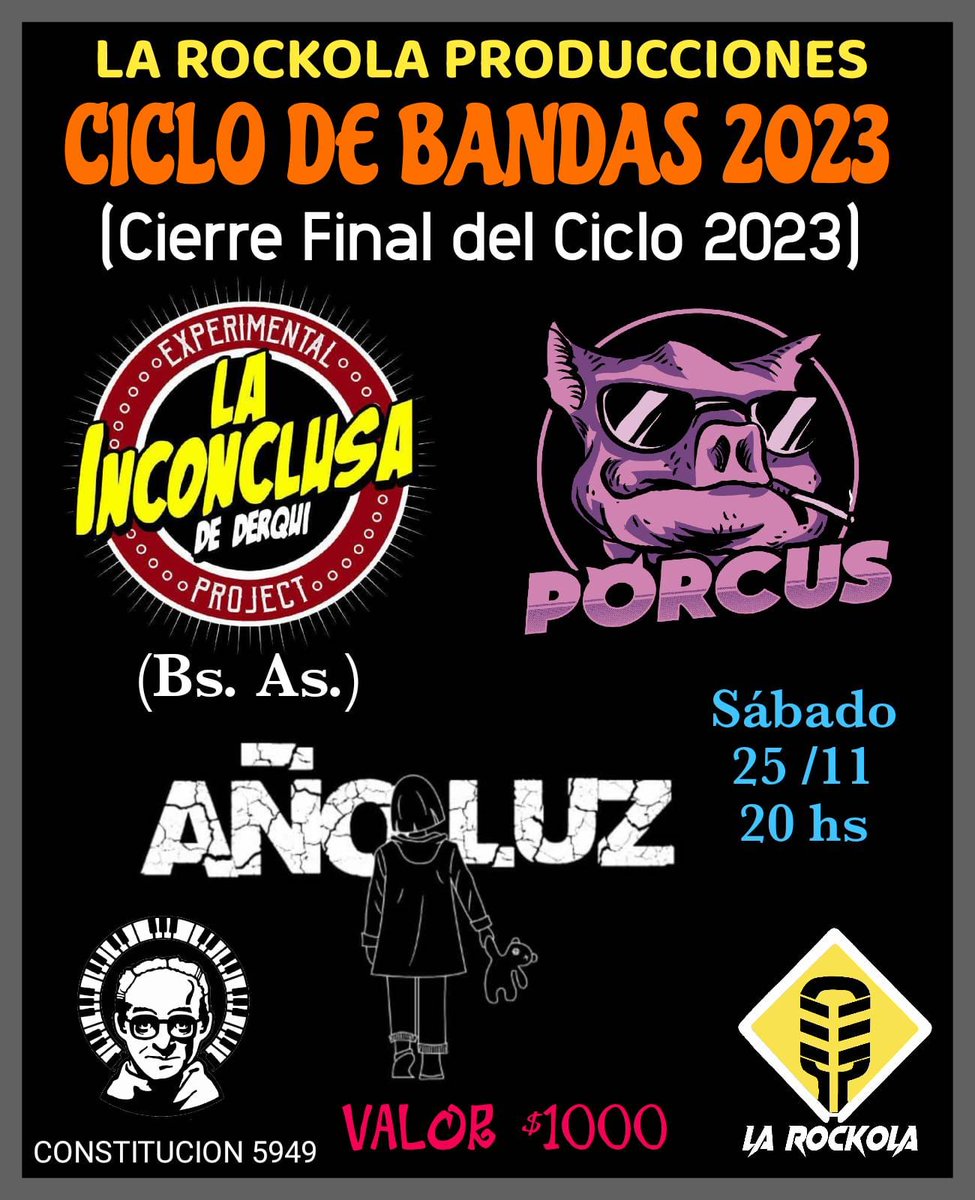 difusion_mg's tweet image. CICLO DE BANDAS 2023
PORCUS - AÑO LUZ - LA INCONCLUSA DE DERQUI
Sabado 25 de Noviembre, 20:00 Hs
San Puglies, Avda COnstitucion 5949, Mar del Plata

#sanpugliese #porcus #lainconclusadederqui #añoluz