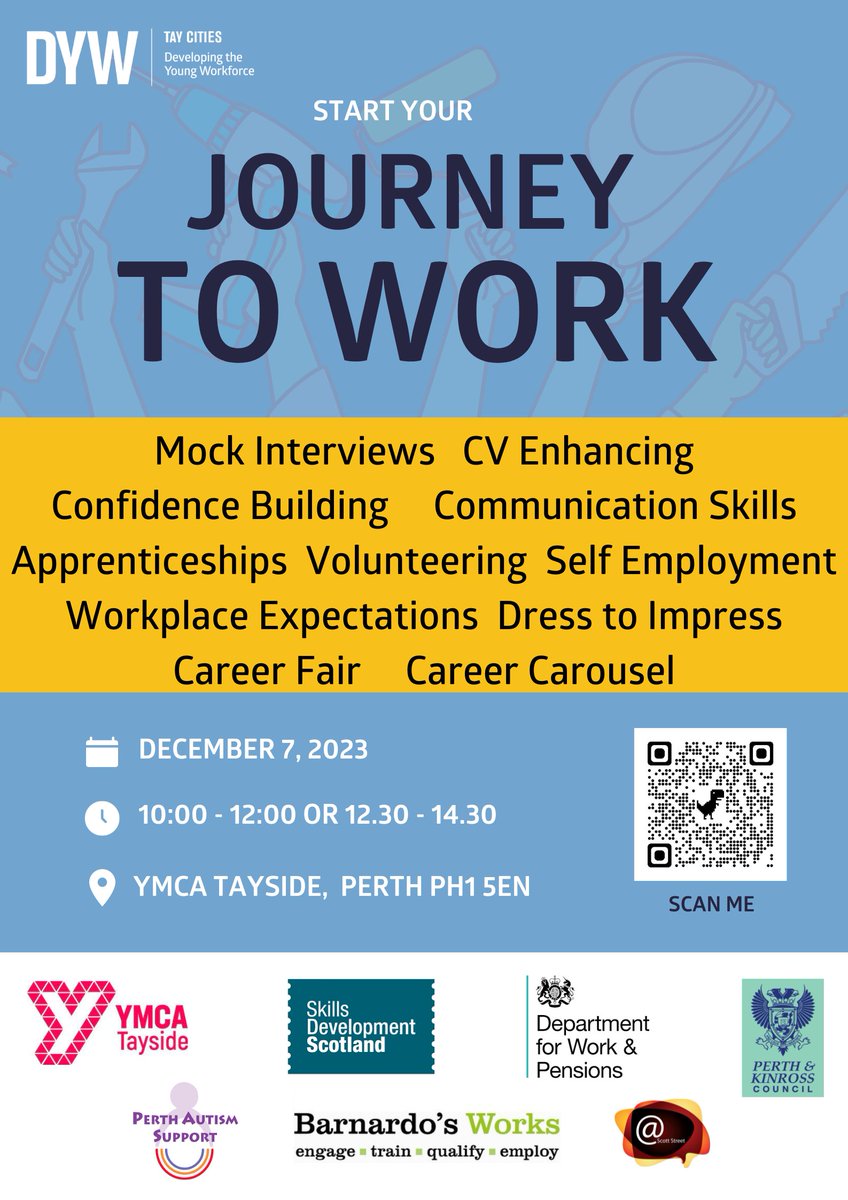 1/3 FREE Event ➕ Start your Journey to Work 🙋‍♀️ Come and chat to the UHI Perth Apprenticeships Team 📅 7 Dec 2023 ⌚ 10am-12pm or 12.30pm-2.30pm 📍 YMCA Tayside, Perth, PH1 5EN