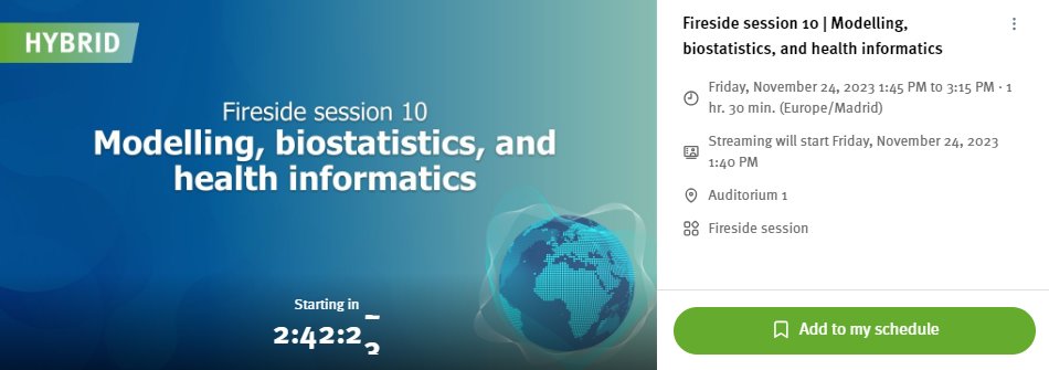 ESCAIDE's tweet image. Time for the Fireside session 10 at #ESCAIDE2023 
| #MathematicModelling, #biostatistics, and #health #informatics.

Follow #live on the conference app (or in person in Barcelona ;)).

Want to listen in? Register if you haven&apos;t done so: escaide.eu