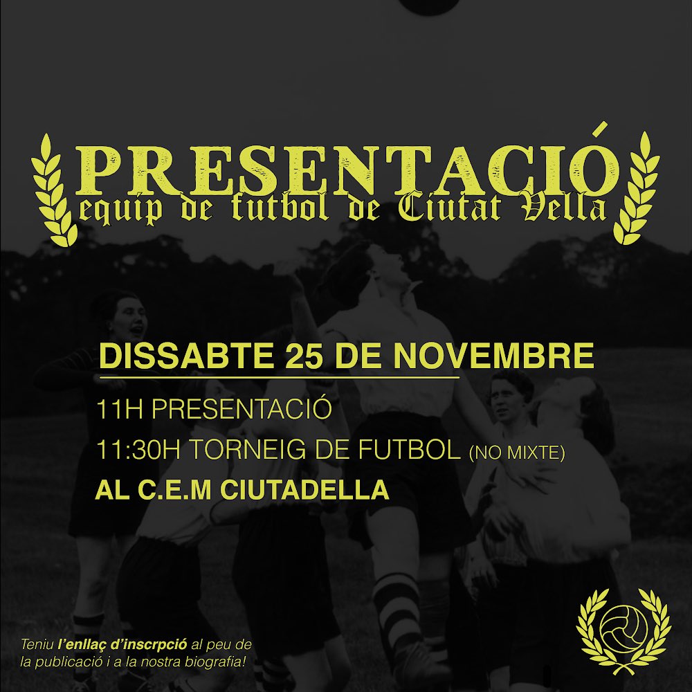 FtMatildeLanda's tweet photo. 💛🖤26N EQUIP DE FUTBOL MATILDE LANDA🖤💛
🗓Aques diumenge 26N fem públic l’equip de futbol femení de ciutat vella.
⏰ A les 11h
📍Al CEM del Parc de la Ciutadella
⚽️ Farem un torneig de futbol: https://t.co/PNqni6IE2c