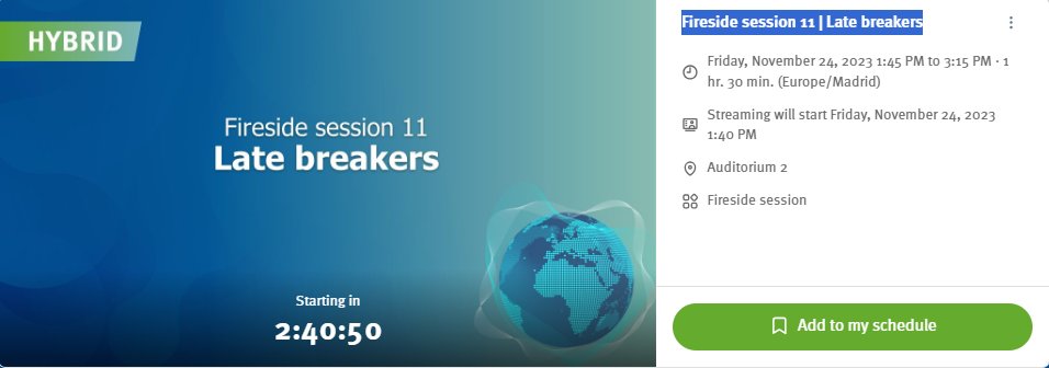 ESCAIDE's tweet image. Now it is time for the #LateBreaker abstracts at #ESCAIDE2023:

Fireside session 11 | Late breakers.
Follow #Live on the conference app (or in Barcelona ;)).
Want to join? Register first if you haven&apos;t yet - escaide.eu