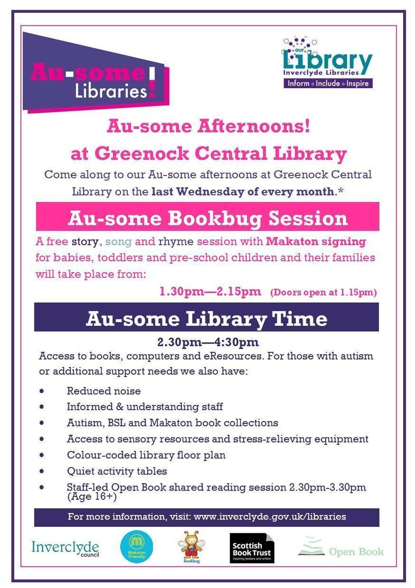 InverclydeLibs's tweet image. Our next Au-some Afternoon is on Wednesday 29th November. 

The afternoon will include an Au-Some Bookbug session with Makaton signing and quiet library time.

Au-some Bookbug session from 1.30-2.15pm
Au-some Library Time from 2.30-4.30pm

#AutismFriendly #Bookbug #Makaton