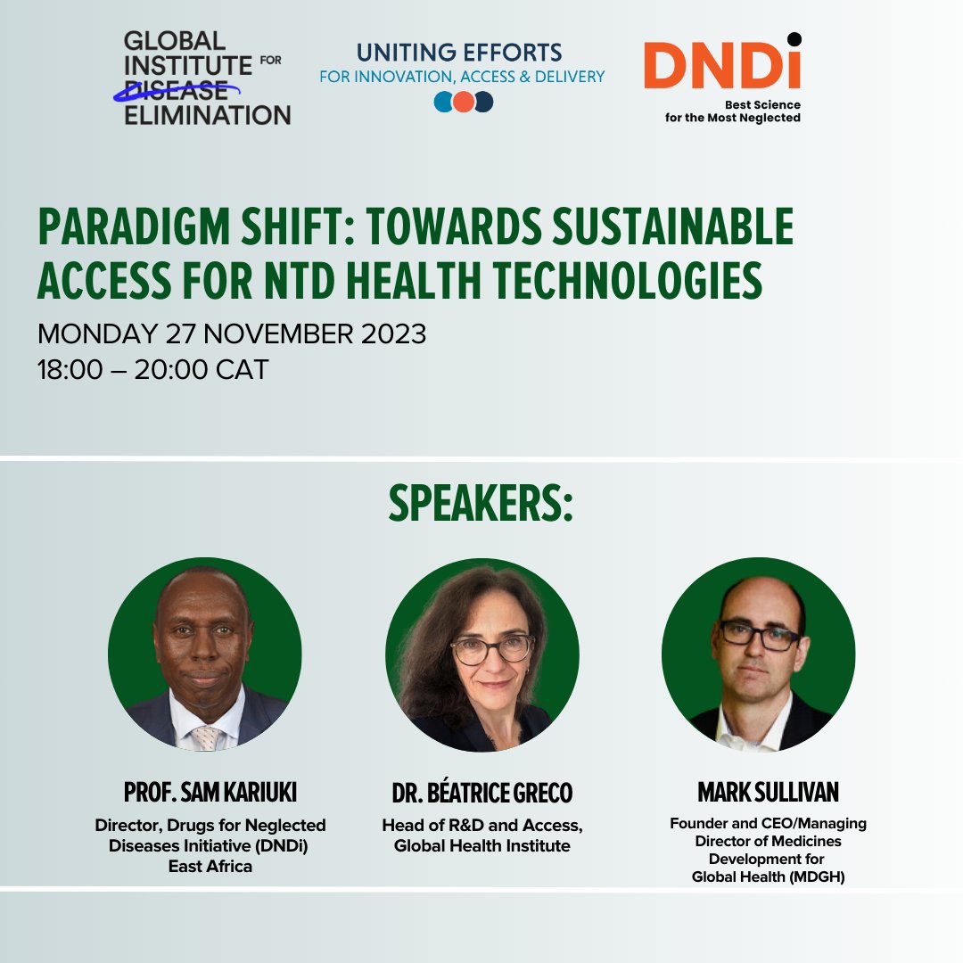 Join us w/@Uniting Efforts & @DNDi for a side event on sustainable access for #NTD health technologies. Feat. Prof. Sam Kariuki of @DNDi, Dr Beatrice Greco of @merckgroup, and Mark Sullivan of @medicinesdev. Register ➡️ ow.ly/KtN250Q9hAZ @Samkariuki2 #CPHIA2023