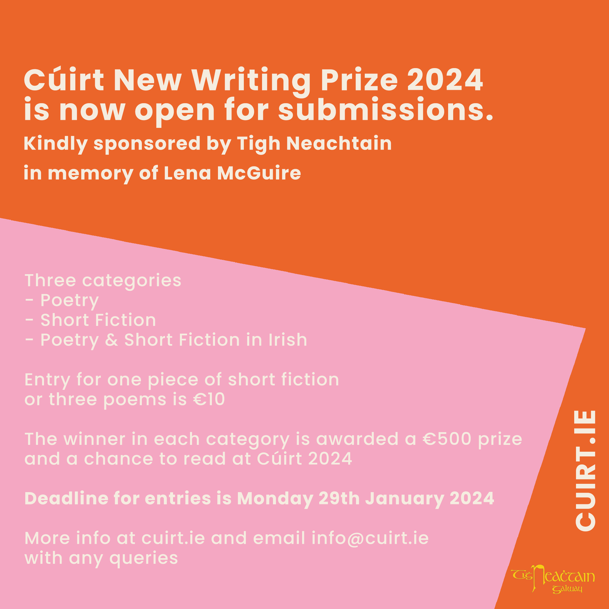 ✏️CÚIRT NEW WRITING PRIZE 2024!✏️ The Cúirt New Writing Prize, kindly sponsored by @Tigh_Neachtain in memory of Lena McGuire, is open for submissions. We are delighted to announce Sara Baume, Elaine Feeney and Doireann Ní Ghríofa as the 2024 judges. loom.ly/BREb4C4