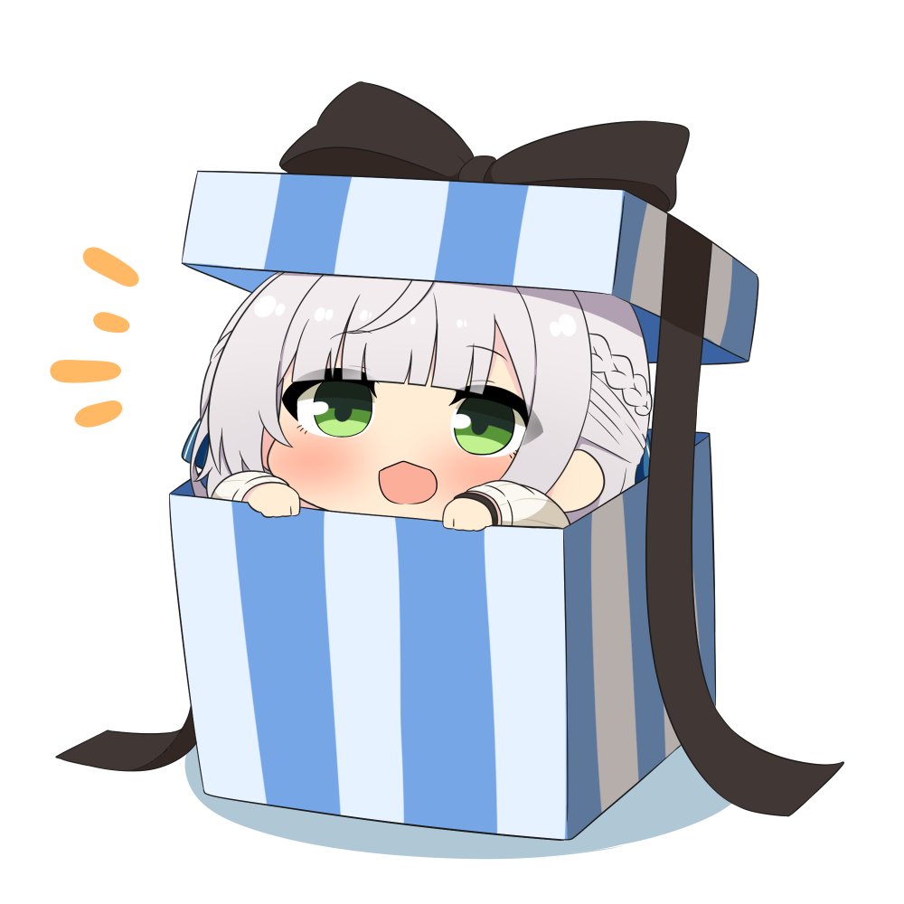 shirogane noel 1girl in container green eyes solo grey hair chibi box  illustration images