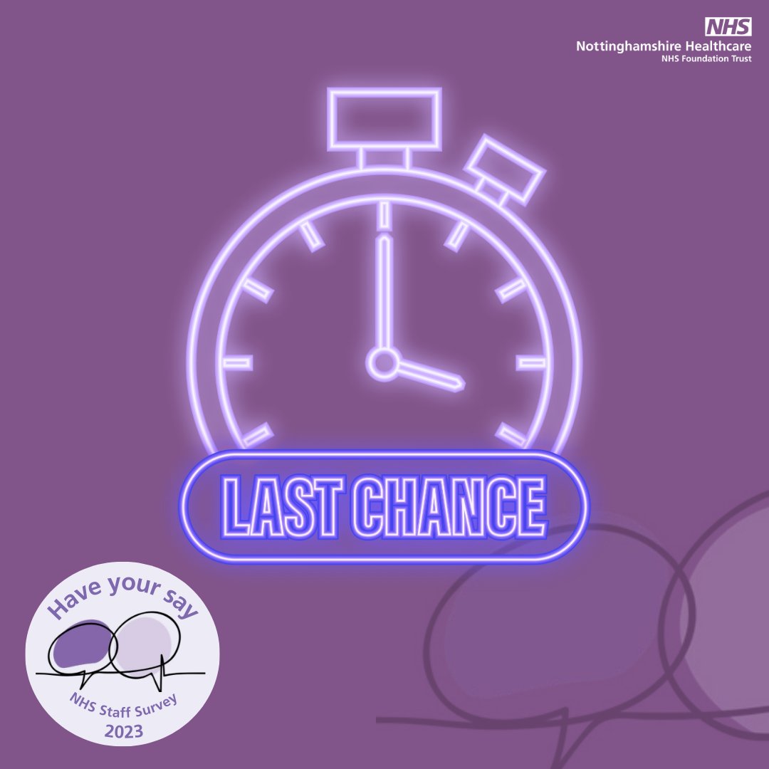 📣 Calling all Notts Healthcare colleagues! This is the last chance to complete your #NHSStaffSurvey before it closes at 11.59pm tonight. Thanks to everyone who has already completed their survey, if not, don’t miss the chance to have your say – we each have a voice that counts.