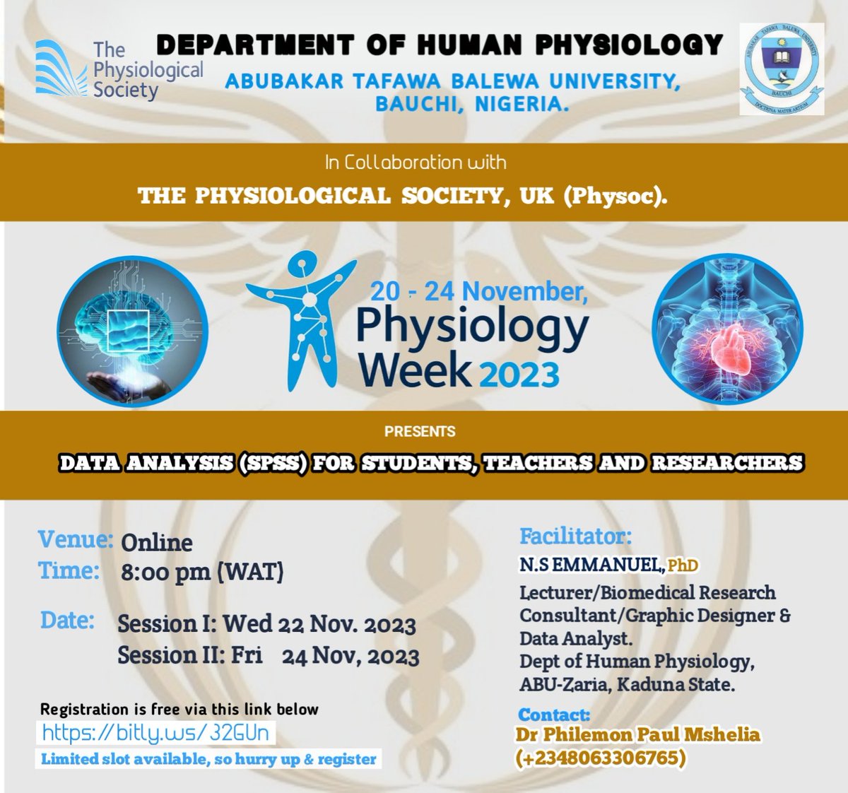 philmshelia's tweet photo. We will wrap up our #physiologyweek celebration tonight with the second session of our webinar on Statistical Analysis for Students, Teachers and Researchers. Join us tonight, 19:00 GMT for this Hands-on training session with SPSS statistical tool.
@physoc , @Jen__Brammer https://t.co/d0X1oYf82y