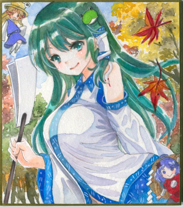【今週のアナログ絵の成果】早苗さんwith守矢二柱描きました!!!水彩紙小色紙に顔彩メインで… 