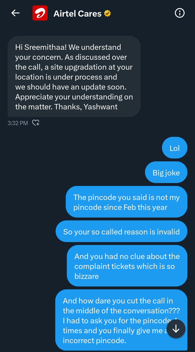 sreemithaa's tweet photo. @Airtel_Presence @airtelindia next joke. Your support team is full of jokers! This is the lowest your brand can stoop. @airtelnews https://t.co/o506Mdakx3