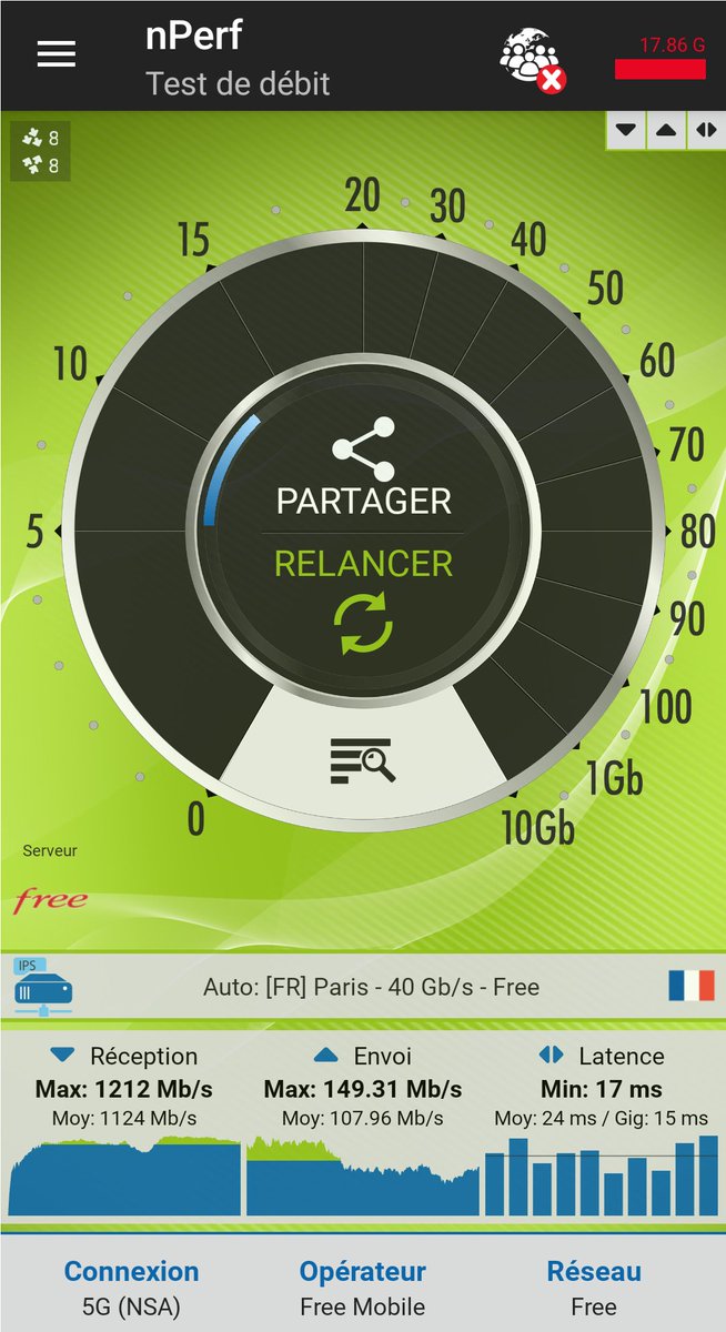 Free_1337's tweet photo. @free 2/4 Nos test sur le Stellar-X5 5G montrent que les débits 4G peuvent monter jusqu’à 563,07 Mb/s (download) et 110,26 Mb/s (upload) puis jusqu’à 1212 Mb/s (down) et 149,31 Mb/s (up) pour la 5G TDD. #Crosscall #StellarX5 https://t.co/x8YdyCcWzY