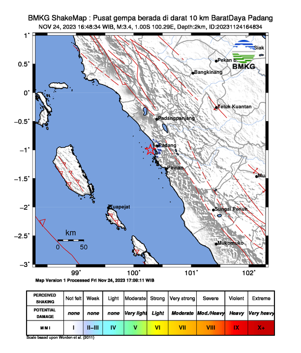 #Gempa (UPDATE) Mag:3.4, 24-Nov-23 16:48:34 WIB, Lok:1.00 LS, 100.29 BT (Pusat gempa berada di darat 10 km BaratDaya Padang), Kedlmn:2 Km Dirasakan (MMI) III Padang #BMKG