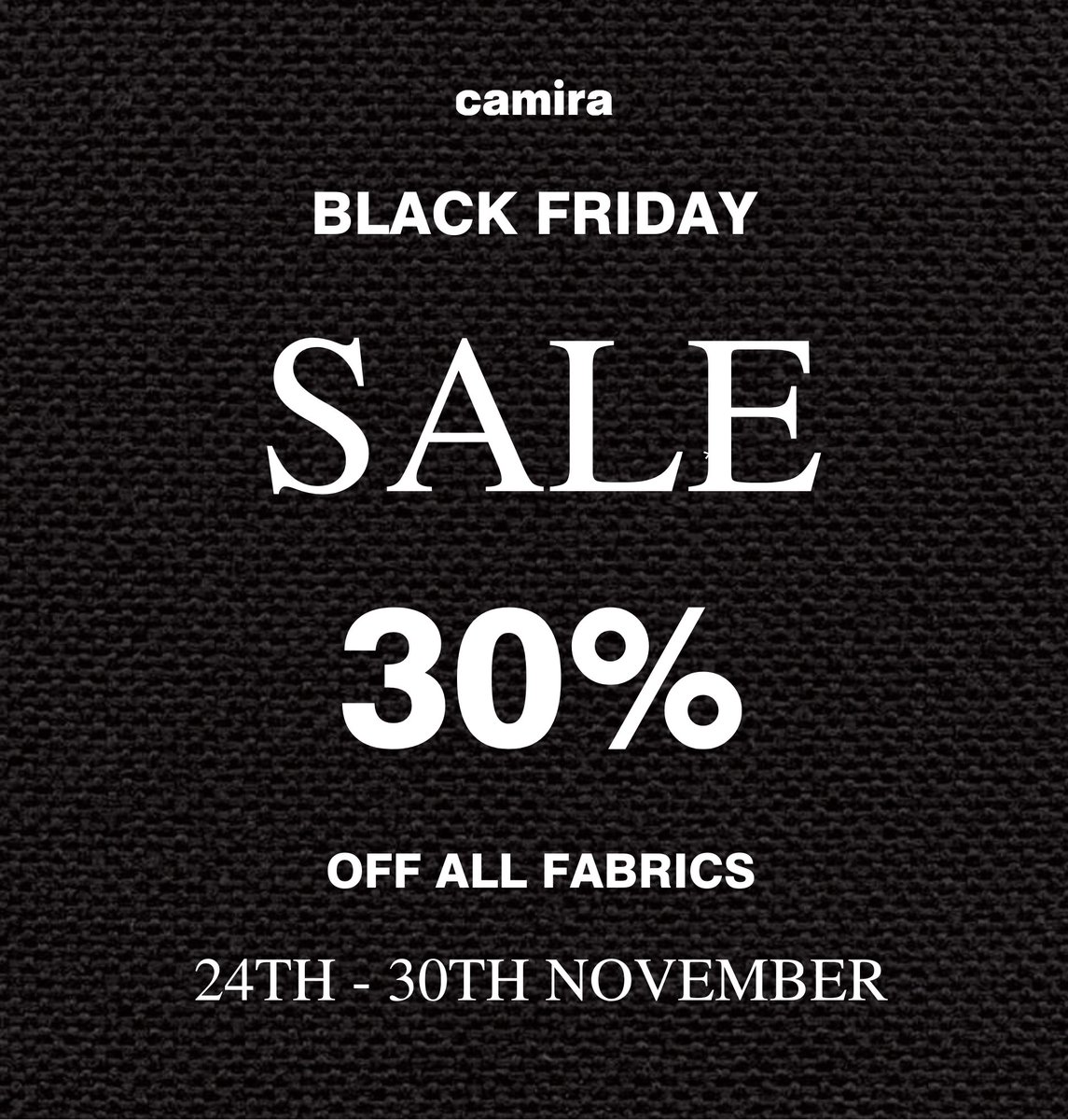 Our Black Friday sale is on.

Until midnight on 30th November 2023, you'll be able to access 30% off our fabrics online.

Shop today 🛍️

ow.ly/ty2550QaWHz