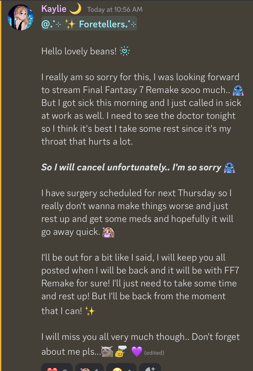 I feel so sad about this 😭 I’m so sorry though, I really am… I promise I’ll be back soon to finally start my FF7 Remake journey! 💗

Pls pls don’t forget me 🥺 it’s a rough time for me as well mentally so I’m trying my hardest to hold on atm. 

Thanks for understanding 🫶🏻
