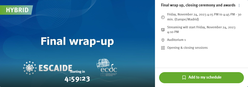 ESCAIDE's tweet image. Tune in to the #ESCAIDE2023 final wrap-up, closing ceremony and awards now!

#LIVE on the event app and even more live in #Barcelona!

#ESCAIDE