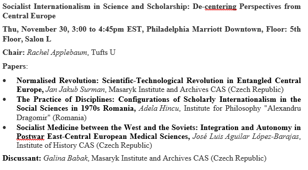 Socialist Internationalism in Science and Scholarship: De-centering Perspectives from Central Europe, with Adela Hîncu, José Luis Aguilar López-Barajas, & myself, with @GalinaBabak as commentator and Rachel Applebaum as chair. Join us at #ASEEES23! ↪️ tinyurl.com/2no8s2q3