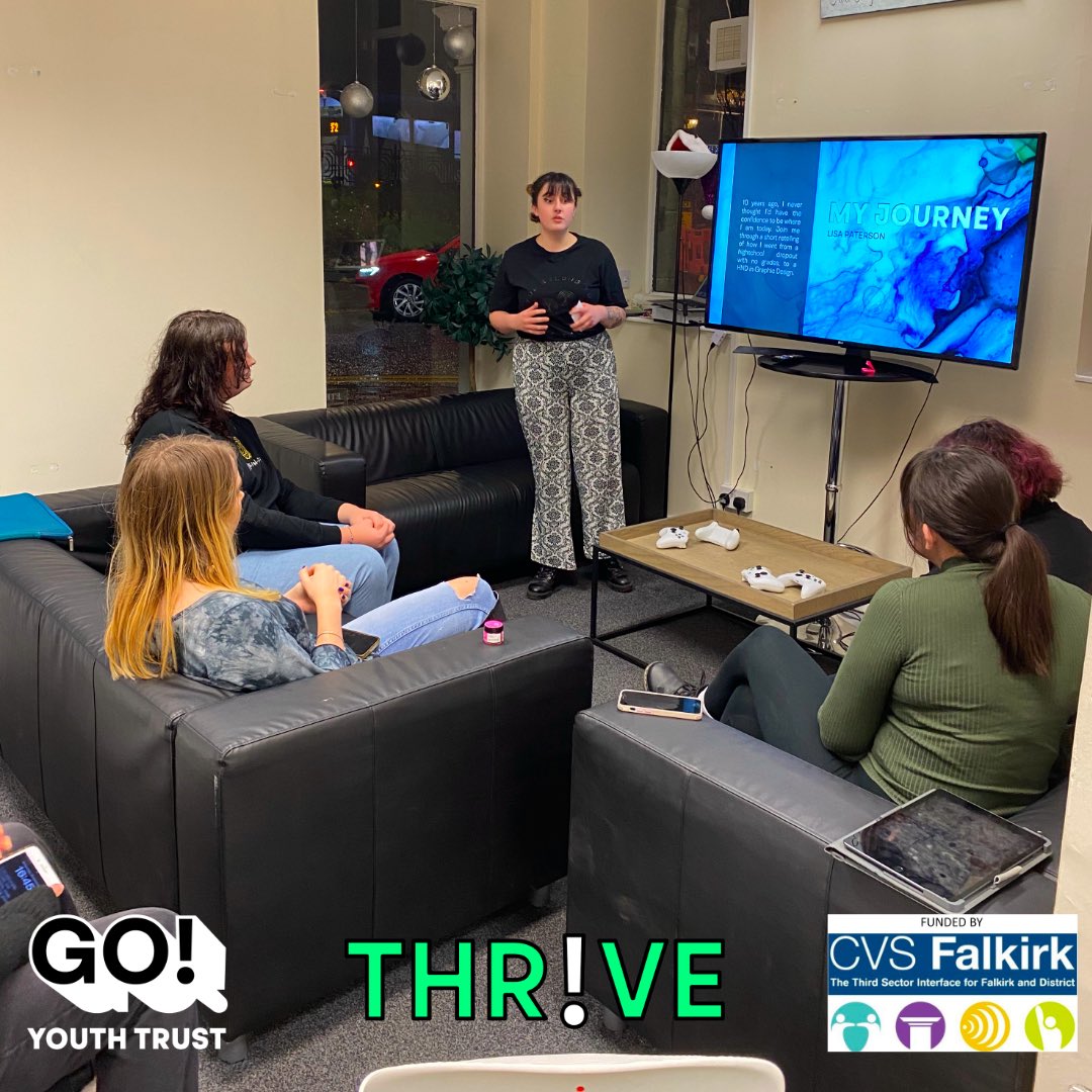 It was great having Lisa Paterson, a graphic design student, join us at Thrive this week to discuss their journey through school, college, volunteer work and employment. #nowrongpath #makeanimpact #makeanimpact #FalkirkCMHWFund #grantfundingportal #gfp