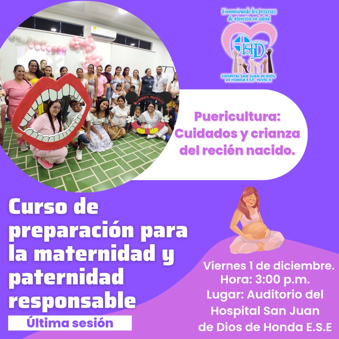 Mamitas y papitos: el <a href="/HospitalHonda/">H. San Juan de Dios</a>, los invita a participar de la última sesión del curso de preparación para la maternidad y paternidad responsable.

Tema: 
- Puericultura: Cuidados y crianza del recién nacido.

#HondaHospital 
#HondaTolima 
#embarazo 
#embarazada