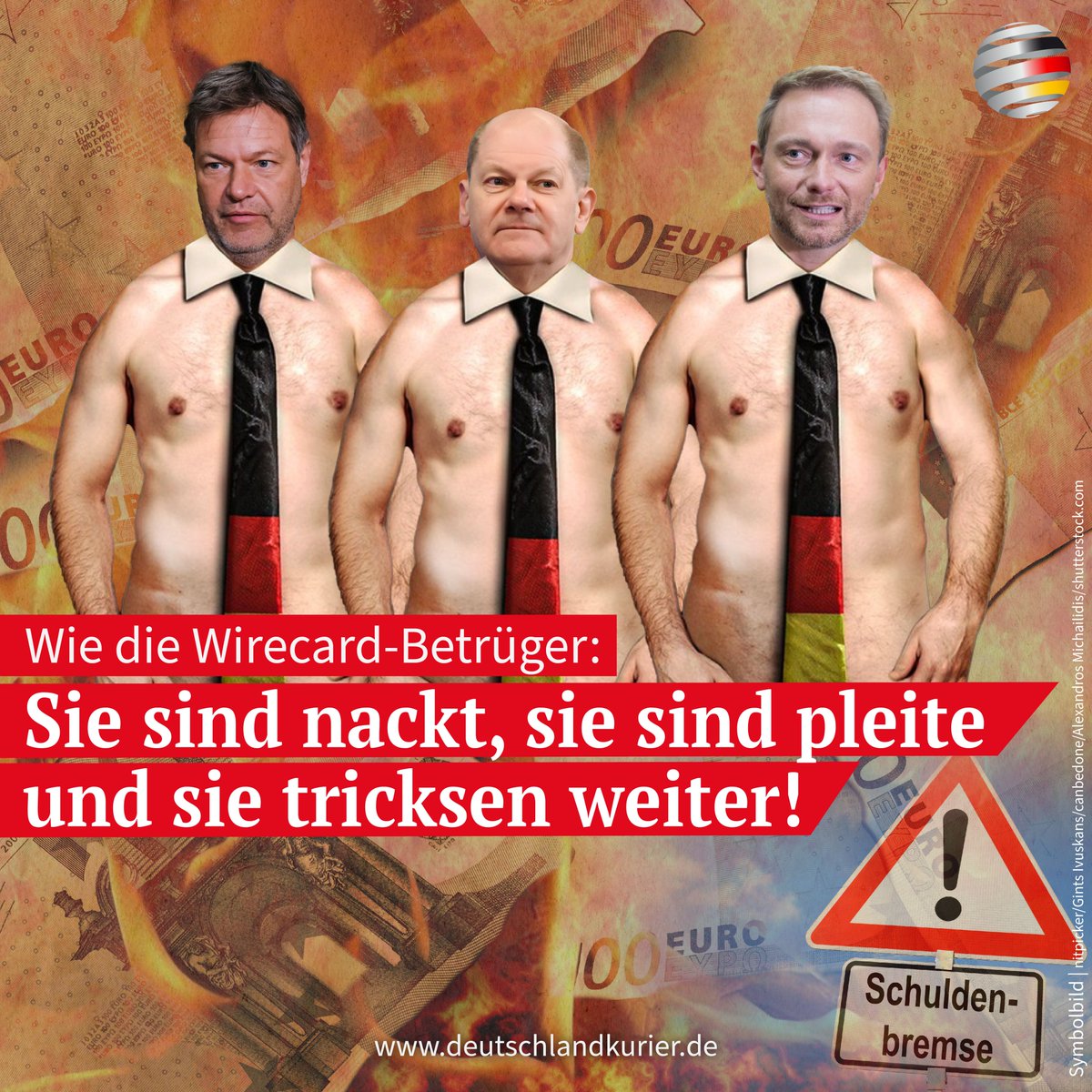 Deu_Kurier's tweet photo. Wie die #Wirecard-Betrüger: Sie sind nackt, sie sind #pleite und sie #tricksen weiter!
Was ist der Unterschied zwischen den Wirecard-Bossen und den Regierungs-Betrügern? Den einen droht wegen erfundener Milliarden und #Bilanzfälschung bis zu zehn Jahre Knast, den anderen winkt trotz erfundener Milliarden und #Bilanzfälschung am 8. Dezember ein sicheres #Ruhegehalt von mindestens 4.660 Euro nach dann genau zwei Jahren Mindest-#Amtszeit. Das vor allem dürfte der Grund sein, warum die Pleite-#Ampel garantiert nicht mehr vor #Weihnachten zerbricht und warum sie sich mit weiterer #Konkursverschleppung über den #Jahreswechsel zu retten versucht.
https://t.co/aBPCktLiTo