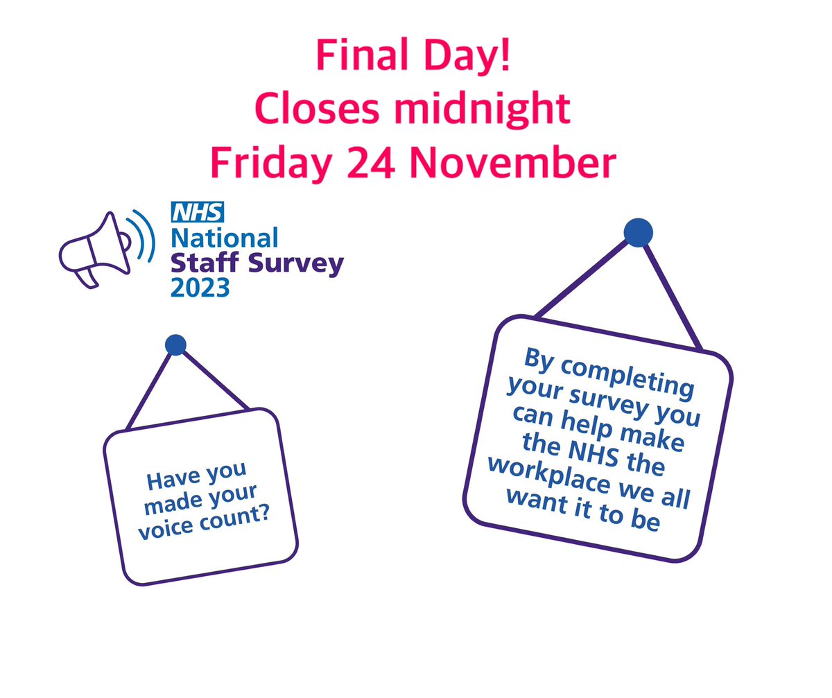 Today is the last day to have your say about working <a href="/LeedsandYorkPFT/">Leeds & York Partnership NHS Foundation Trust</a> The NHS Staff Survey closes at midnight tonight!

A big thank you to everyone who has completed their survey so far! We are already 7% up on last year’s response rate!

#WeEachHaveAVoiceThatCounts💙