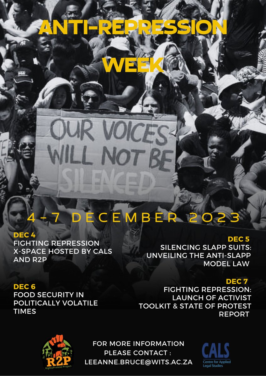 CALS_ZA's tweet image. From 4 – 7 December, CALS and @ProtestZa will be hosting #AntiRepressionWeek. Join us for a series of events aimed at addressing repression of activists and human rights defenders, including an anti-repression toolkit and anti-SLAPP suit model law