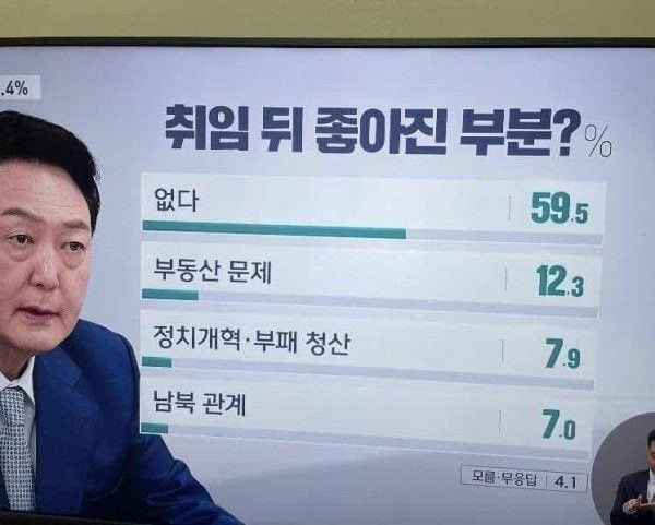 윤석열 취임 후 좋아진 부분?
1위 없다 59.5%