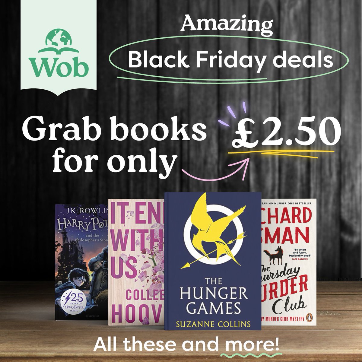 Grab some sustainable goodies and have an eco-friendly #BookFriday 📚🖤 Find books for £2.50 PLUS thousands of great titles in our Buy 3, Get Another Free offer on preloved books. Hurry though... when they're gone, they're gone! 🏃 wob.com/en-gb/featured… #blackfriday