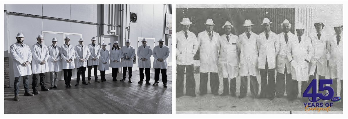 Today, our Sandycroft 2 Sisters Food Group UK Poultry site celebrates its 45th Anniversary! 🎊 In honour, our Senior Management Team recreated the first photo taken at the factory 45 years ago. #Working2Gether #45yearsofSandycroft2SistersFoodGroup
