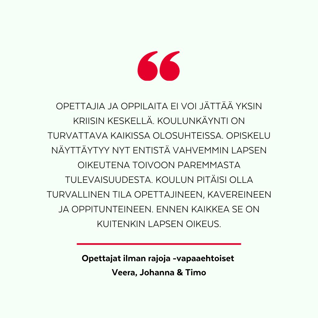Lapsen oikeuksien viikolla vapaaehtoisemme peräänkuuluttavat lasten oikeutta koulutukseen kaikkialla, myös kriisien keskellä.

"Ei ole mielipidekysymys, tuleeko lasten oikeuksista pitää huolta. Kyse on jakamattomista ihmisoikeuksista," kirjoittavat Veera, Timo ja Johanna.