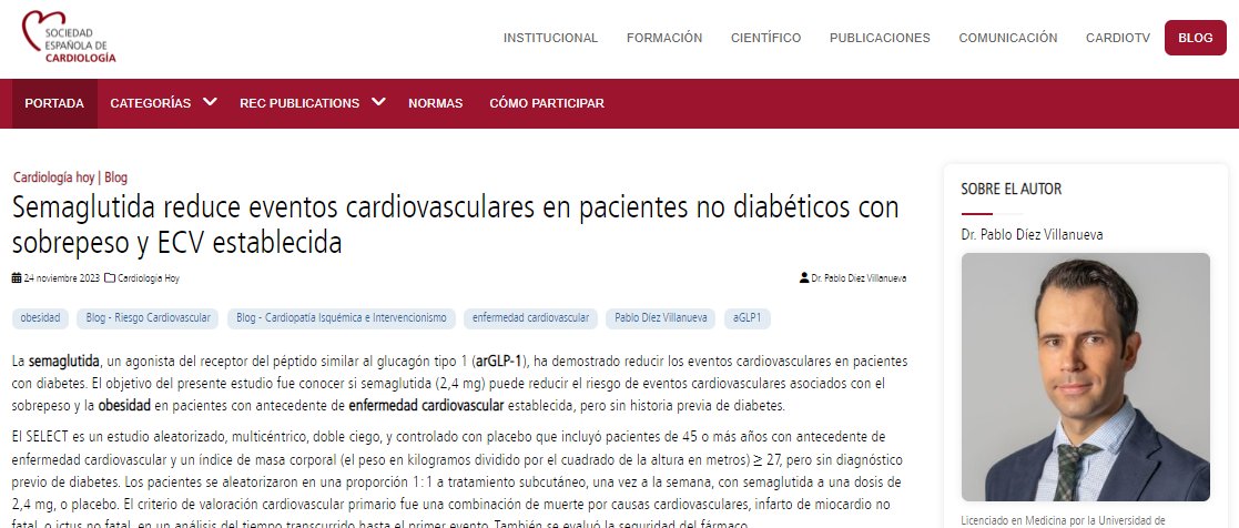 secardiologia's tweet photo. .@diez_villanueva: "En pacientes con ECV establecida y sobrepeso u obesidad pero sin diabetes, semaglutida reduce la incidencia de muertes por causas cardiovasculares, infarto de miocardio no fatal o ictus no fatal". #BlogREC @JovenesSec https://t.co/8cpbGpzseD https://t.co/nSnn4KkoOq