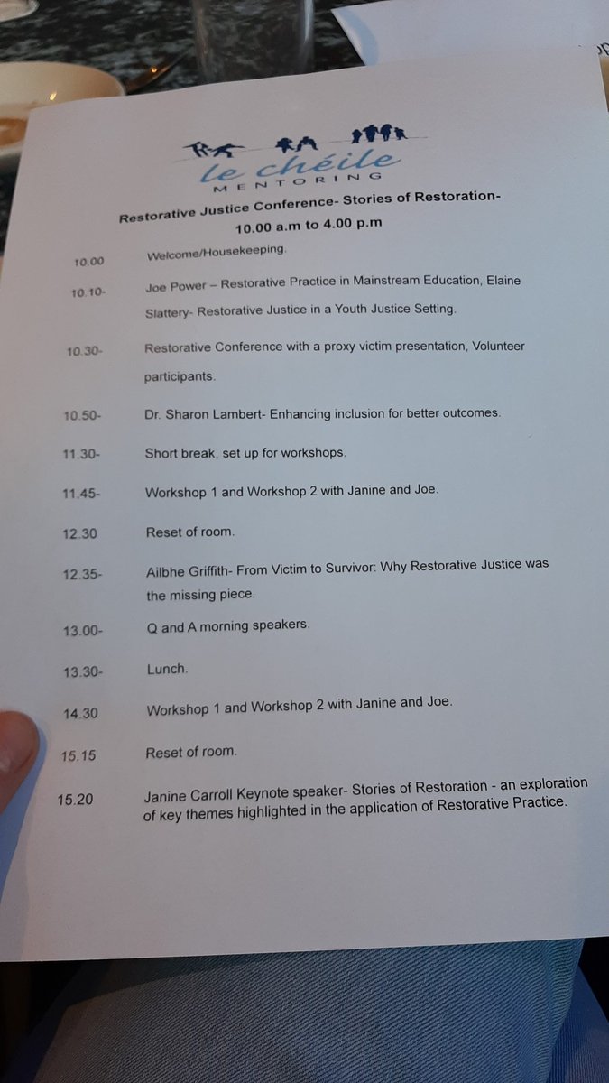 Attending <a href="/Le_Cheile/">Le Chéile Mentoring</a> Restorative Justice "Stories of Restoration" conference in <a href="/UL/">University Of Limerick</a> today. Great to see <a href="/iancriminology/">Ian Marder</a> down to #Limerick to MC. Looking forward to all the speakers!