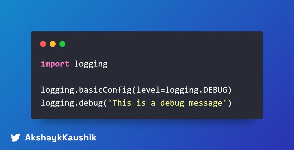 AkshaykKaushik's tweet image. 3. Logging for Clarity

Logging is your secret weapon for long-term bug tracking. Use the logging module to record important information:

#PythonLogging #BugTracking