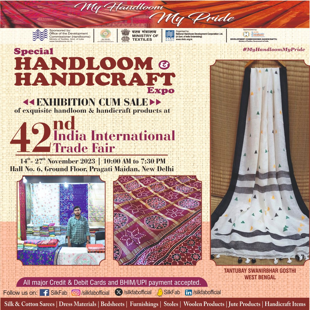 Experience the rich culture and heritage of India at the Special Handloom & Handicraft Expo, featuring exquisite products from all over the country.

Visit us at Hall No. 6, Ground Floor, Pragati Maidan, New Delhi from November 14-27, 2023.

#MyHandloomMyPride #IndianHandloom…