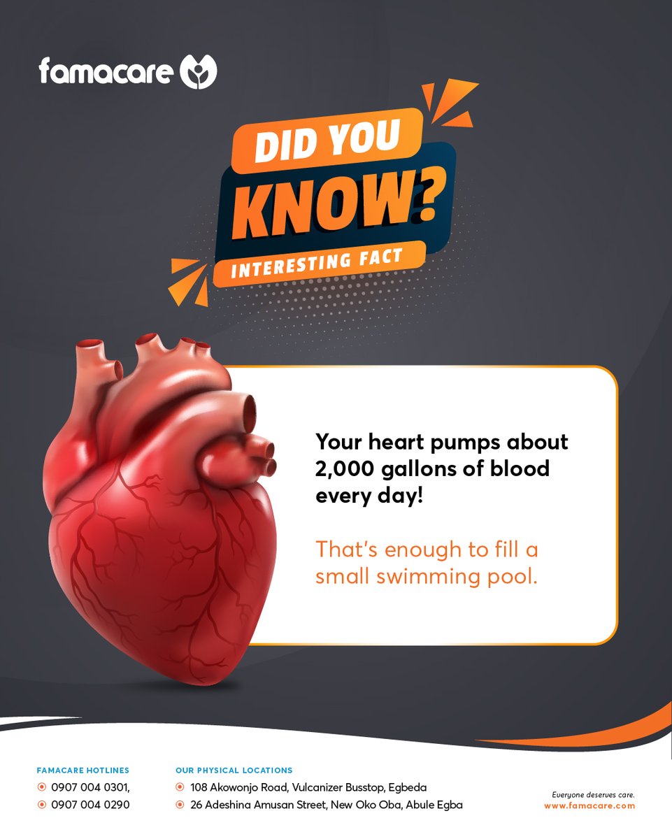 famacare's tweet photo. Our hearts are incredible organs that work tirelessly to keep us alive. Show some love to your heart by making healthy choices today!   Share this fun fact with your friends to spread the love for heart health. 
#HeartCare #HealthTips #HeartHealth #FamacareClinic #HealthyLiving https://t.co/k5Jko72RbP