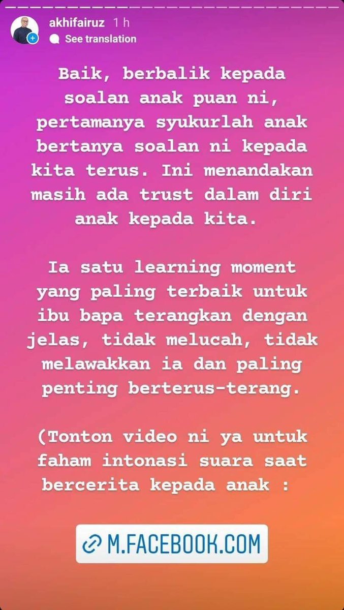 “Mama, seks tu apa? Bersetubuh tu apa?”

Ini contoh sex education yang bagus untuk anak-anak. Jangan mengelak dari menjawab, nanti bahaya. 🙏🏻

Kredit: akhifairuz/IG