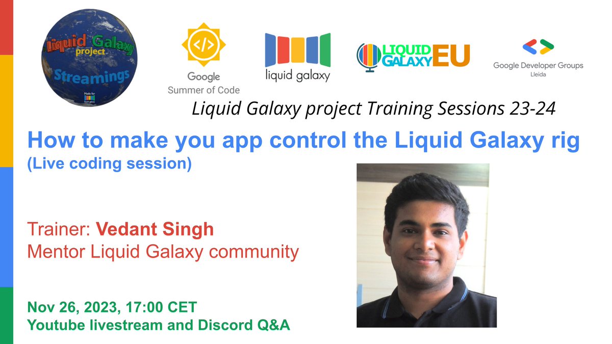 andreu ibanez (@andreuibanez) on Twitter photo Remember to reserve your seat on the Google Developers event platform for the many different trainings we're starting this Sunday, Nov 26 at the <a href="/_liquidgalaxy/">_liquidgalaxy</a> community, with our fantastic mentor team and Google Developers Experts. First is Vedant Singh with live coding session. Remember to reserve your seat on the Google Developers event platform for the many different trainings we're starting this Sunday, Nov 26 at the <a href="/_liquidgalaxy/">_liquidgalaxy</a> community, with our fantastic mentor team and Google Developers Experts. First is Vedant Singh with live coding session.