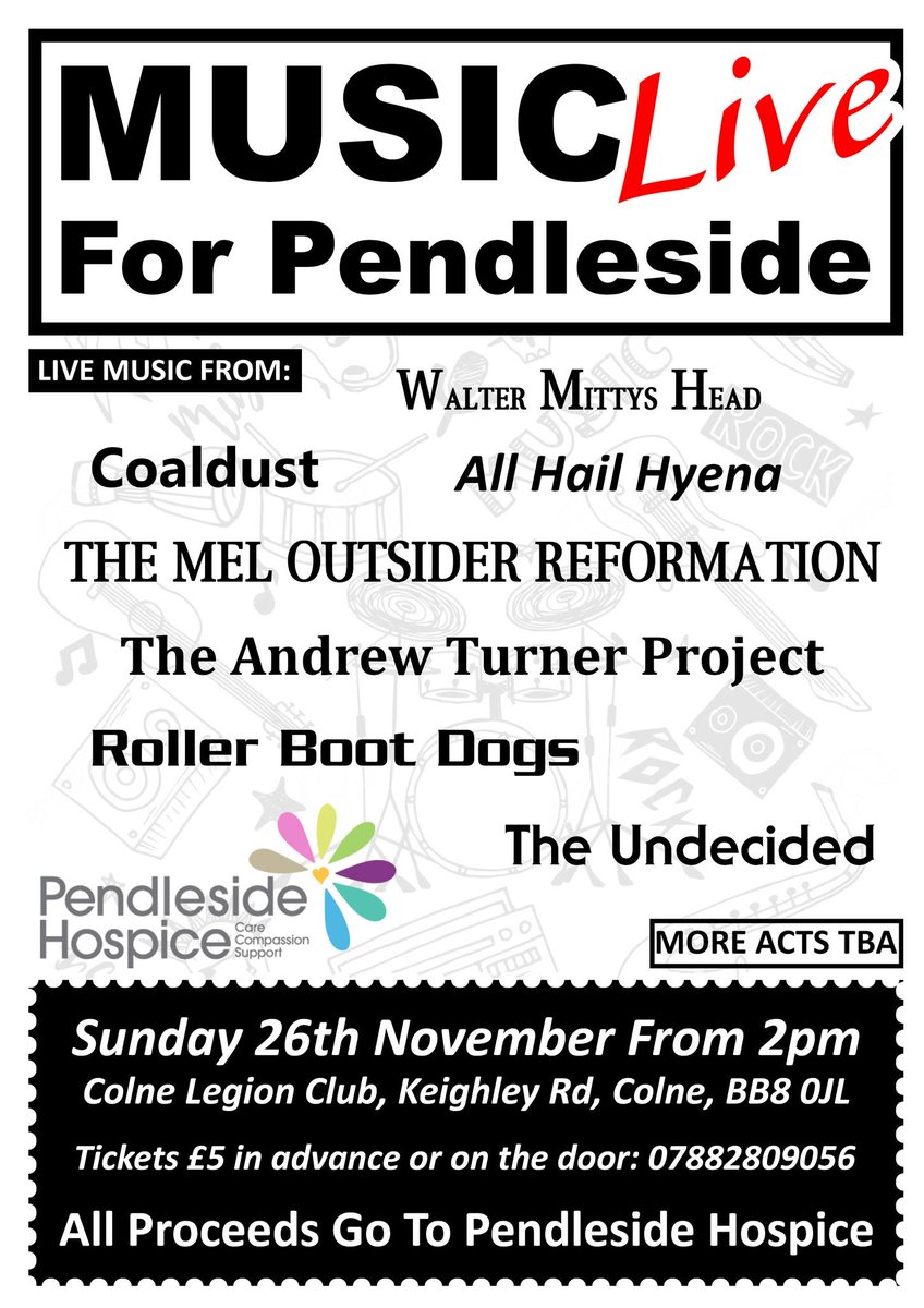 Sunday 26th Nov. 8 bands raising money for the local hospice. TMOR  play at 6.30pm.  British Legion, Keighley Rd, Colne. <a href="/marcrileydj/">Marc Riley ⚽️🍺🐳</a> <a href="/maryannehobbs/">maryannehobbs</a> <a href="/BurnleyExpress/">Burnley Express</a> <a href="/pendlenews/">Pendle Today</a> <a href="/BBCLancashire/">BBC Lancashire</a> <a href="/lancstelegraph/">Lancashire Telegraph</a> <a href="/colnetimes/">Colne Times</a> <a href="/NelsonColneColl/">Nelson & Colne College</a> <a href="/Andrew4Pendle/">Rt Hon Andrew Stephenson CBE</a> <a href="/bbcradio6/">roddylucas</a> @clivelawrence1