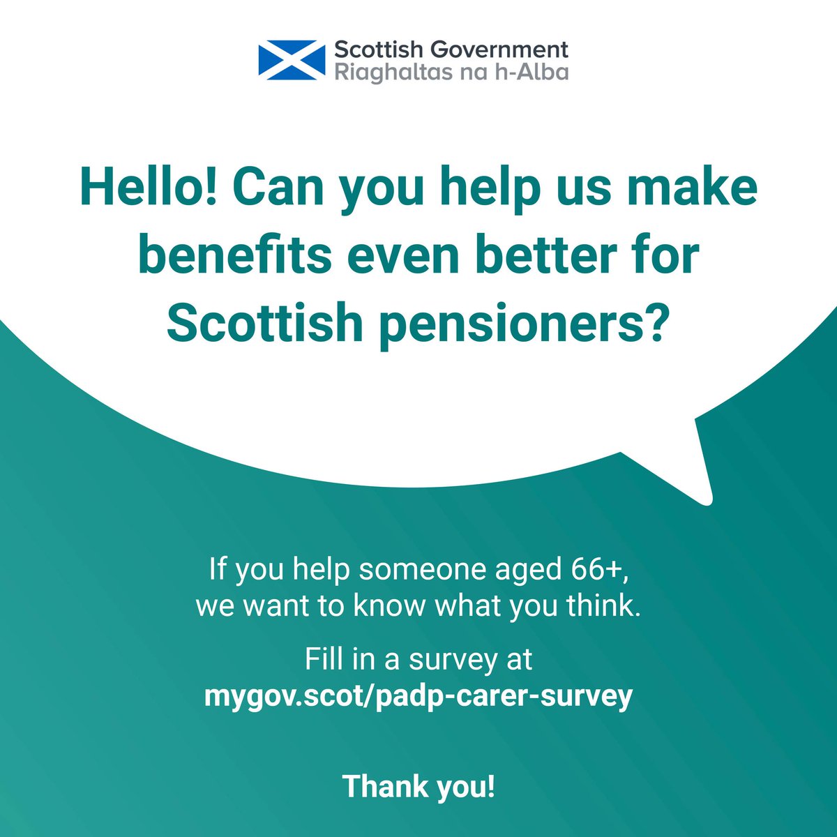 The Scottish Government is designing a new benefit called Pension Age Disability Payment. As part of their research, they would like to speak to carers. If you help someone who is aged over 66 years old, please fill out this short survey: mygov.scot/padp-carer-sur…