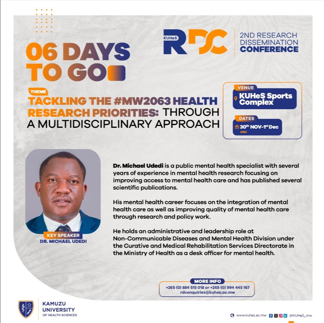 On our #2ndKUHeSRDC we welcome Dr. Michael Udedi, an esteemed Public Mental Health Specialist. His invaluable insights are not to be missed. Are you attending? #IamAttending #KUHeSRDC2023 #MW2063 #MentalHealthMatters #PolicyForChange #ExcellenceForLife