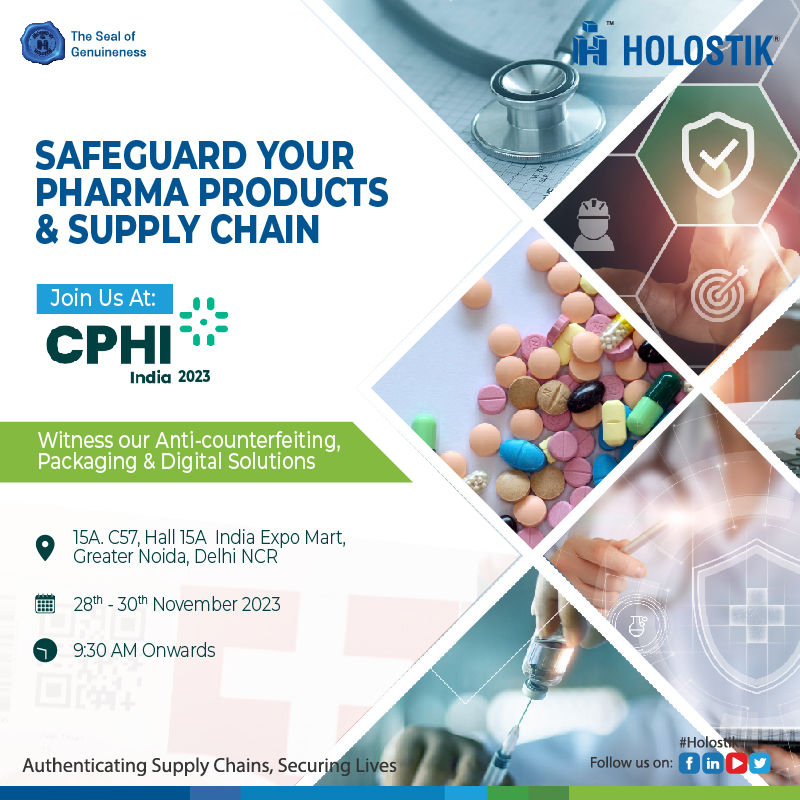 A wonderful opportunity for #PharmaCompanies.

#Holostik is coming to CPHI-PMEC 2023 Gr. Noida. Discover the best security packaging & digital solutions for your #pharmaproducts.

Visit our Stall 15A C57, Hall 15A, India Expo Centre, Gr. Noida. 28 to 30 Nov. 9:30 AM onwards.